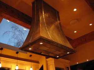 Sweep Style Copper Hood With Stainless Bar & Bronze Bolt Trim, Green Over Brown Patina